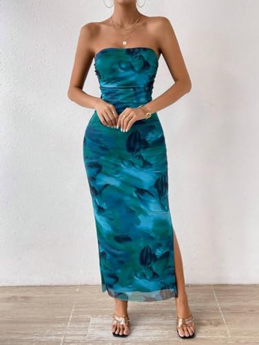 Image of LIGHT DOT Women's Summer Dress Printed Strapless Tube Bodycon Maxi Side Slit Mesh Layered