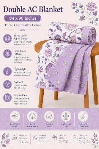 Image of Amazon Brand - Umi Cotton Comforter Dohar Blanket for Double Bed | 160 TC AC Blanket 84x96 | Three Layer Lightweight Soft Quilt | Elegant Floral Design
