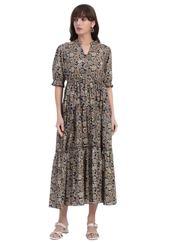 Image of Women's Fit and Flare Dress I Pure Cotton Long Summer Maxi Dress I V-Neck I Casual Wear I Printed Kalamkari Floral Middi