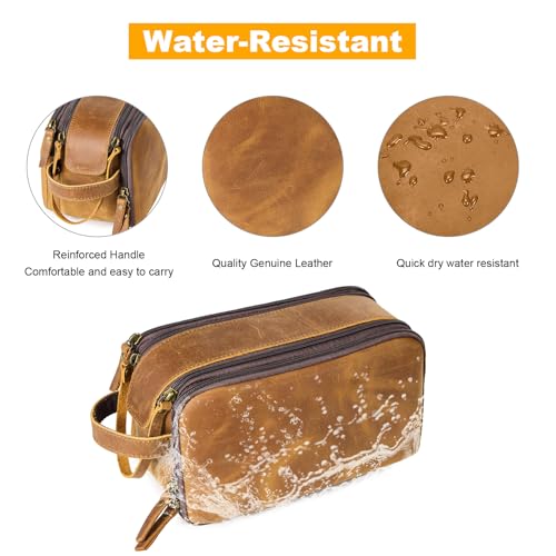 Toiletry Bag for Men, Full Grain Leather Travel Pouch Shaving Dopp Kit Bathroom Toiletries Organizer Bags, Brown3