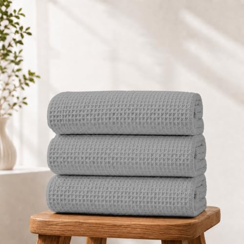 Image of Pure Cotton Waffle Towel | Lightweight | Anti Microbial and Water Absorbent | Soft Touch Quick Drying Bath Towel (Silver, Pack of 1)