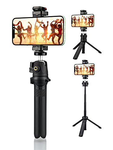 Handy Stativ Fernauslöser, Lammcou Mini Selfie Stativ mit 23cm Verlängerungsstange, Leicht Kleines Tripod mit Große Hand Griffe & Blitzschuh Adapter für Vlog Live Streaming