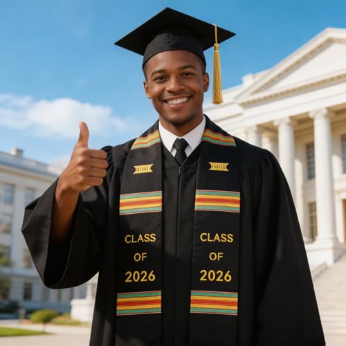Image of Graduation Kente Stole CLASS OF 2026 Graduation Ghanaian Style Black Sash African Grad Stole for College Unisex Celebrate