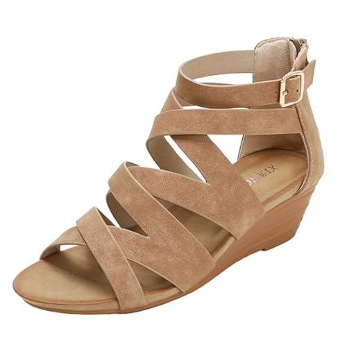 Dressy Comfortable Wedges Shoe, Women's Leather Ankle Strappy Adjustable Buckle Cutout Round Open Toe Back Zipper Wedge Sandals, Casual Non-slip Thick Soft Sole Roman Sandals, for Travel