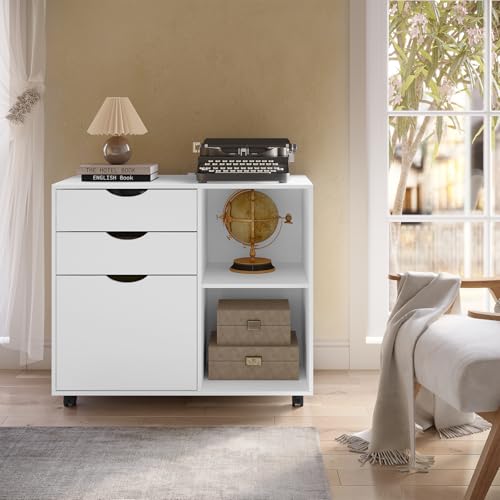 WOLTU Archivador Móvil, Cajonera de 3 Cajones y 2 Estantes Abiertos, con 5 Ruedas y Barra Colgante, Armario de Oficina para Carpetas y A4, 80x39,5x69,5 cm, Blanco - imagen 9