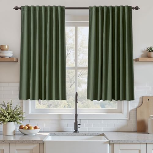 Image of UHITECH Short Linen Curtains 45 Inches Long Living Room 2 Panels Thermal Windows Darkening Drapes Noise Cancelling Blackout Curtain for Bedroom Olive Green Small Window