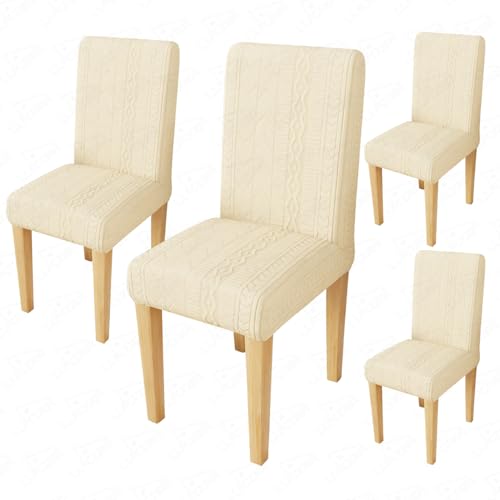 Image of Lukzer Elastic Dining Chair Cover - 4PC Pastel Yellow Zigzag | Textured High Stretch Jacquard Seat Cover | Removable Washable Short Dining Chair Cover Protector Seat Slipcover | (CC-080-04)