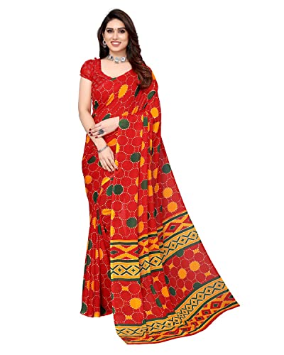 Image of Yashika Women's Red Polka Printed Georgette Saree with Blouse Piece(BUBBLES RED Free Size)