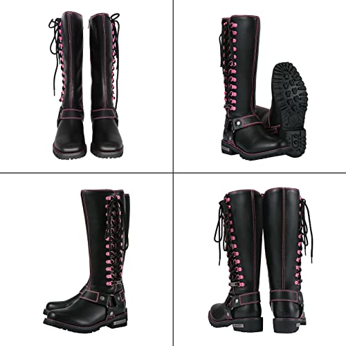 Gargoyle Bells Women's Knee High Motorcycle Boots, Dream Apparel Low Heel Mid Calf Boots For Ladies With Full Size Zipper, Classic Harness Design Boots For Riding #TOP2