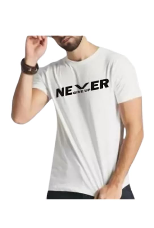 CHUGHZMen's Round Neck Never Give Up Printed T-Shirts for Gym & Active wear Sports T-Shirt for Workout, Running & Fitness | Quick Dry Micro Polyester Fabric
