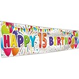 happy birthday 15th banner - decorazioni di compleanno - sfondo di compleanno - bday banner sfondo 180 x 40 cm / 6 x 1,3 piedi con 4 fori in ottone (bianco)