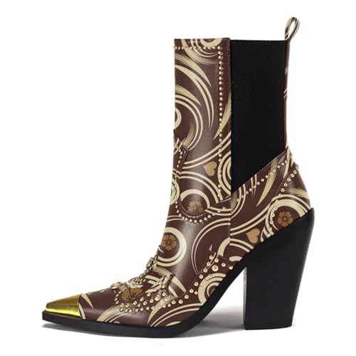 Zszszsu Women's Pointed Cap Toe Mid Calf Boots Chunky Block High Heels Studded Elegant Party Dress Chelsea Boots Shoes Size 4-16 US2