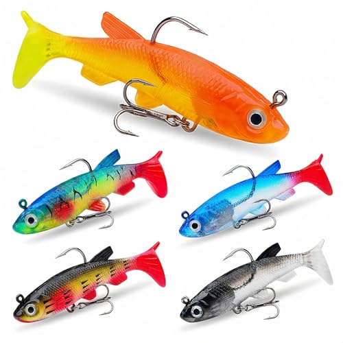 Eulihent 5PCS Easy Catch Pre-Rigged Soft Lure Predator Pike Lures Sea Fishing Lures Set for Carp Trout Bass Swimbait Silicone Fishing Lure for Freshwa