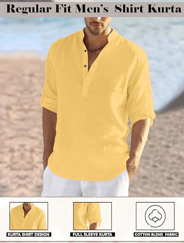 Image of FINIVO FASHION Men's Cotton Blend Solid Full Sleeve Combo Short Kurta Shirt, Regular Fit Solid Pattern Mandarin Collar Straight Kurta Shirt