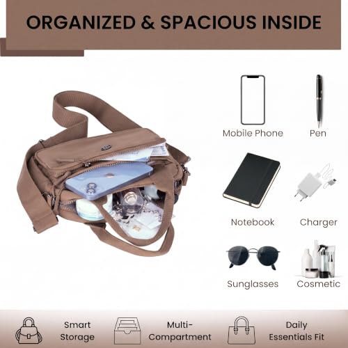 Image of TS WITH TECHSUN Small Women Crossbody Sling Bag Handbag for Travel Office Use, Water Resistant Nylon Shoulder Purse, Adjustable Strap Multipocket Organizer (25(L) X 19(H) X 9(W) CM)