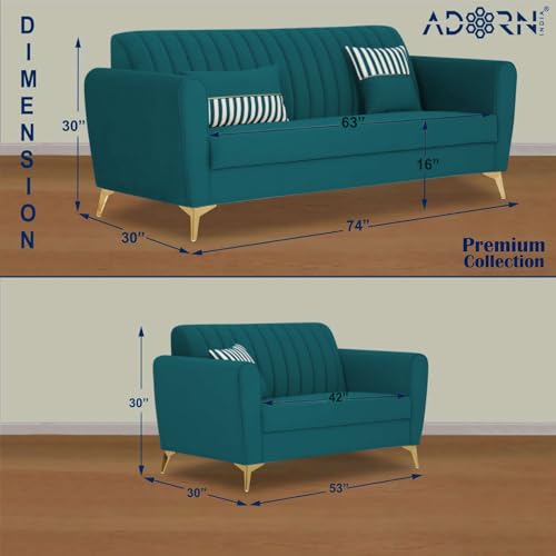 Image of Adorn India Premium Luster 3-2 Sofa Set | Velvet Suede Fabric | 3-Year Warranty | Color Ocean Blue with Golden Legs & Striped Pattern Cushion