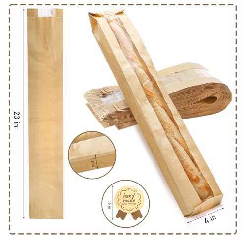 ZENFUN 100 Pack Baguette Kraft Bags with Clear Front Window and 100 Seal stickers, Fresh Bread Loaf Packing Bags, 23"x4"x1.6" Long Bread Kraft Paper Bakery Storage Bag for Bread, French Bread - Image 3