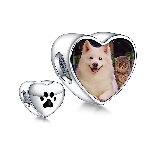 Annmors Charm Bead de Personalizsdo Foto 925 Plata Esterlina en Forma de Corazón Abalorios Dije de Foto Personalizado para Mom Dog Paw Heart Pulsera Europea Charm Regalos de Familia y Amigos