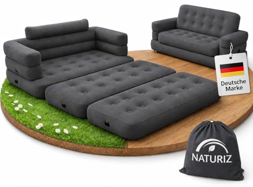 Naturiz Pull Out Sofa 165x220cm - Camping Sofa mit Bettfunktion - Gästebett 2 Personen - Aufblasbares Sofa mit Tragetasche - kleines Mini Sofa Mini Couch Luftsofa (Grau ohne Pumpe)