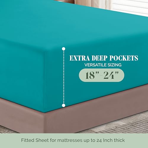 Image of Elegant Comfort Luxurious 1500 Premium Hotel Quality Microfiber 4-Piece Sheet Set, 18-24 Inches Deep - Extra Deep Pocket Sheets - Ultra Soft 4PC Deep Pocket Sheets, California King, Turquoise