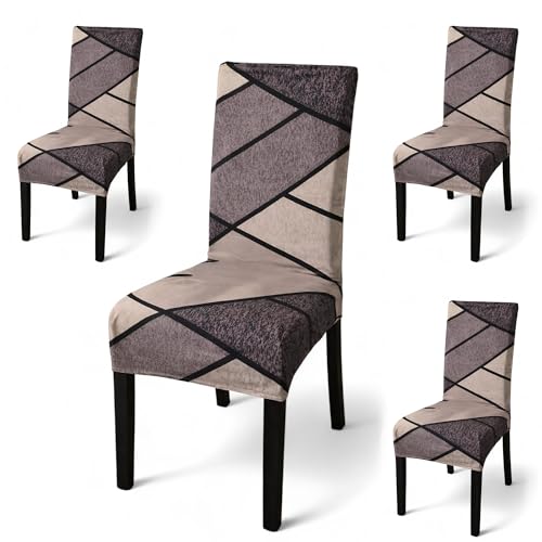 Image of Chair Covers Set of 4 for Dining Table, Stretchable Removable Washable Anti-Slip Universal Fit Printed Polyester Spandex Slipcovers (Beige & Mauve Geometric)