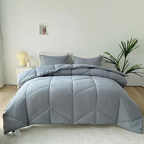MILDLY Queen Comforter Set, Grey Bedding Comforter Sets 100% Washed Microfiber Super Soft 3 PCS, All Season Reversible Fluffy Down Alternative Quilted Comforter 88x88 inches, 2 Pillow Shams