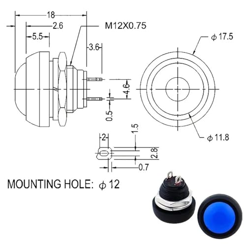 Mini botón pulsador PBS-33B interruptor de 12mm sin bloqueo de 2 pines redondo negro 5 piezas 5