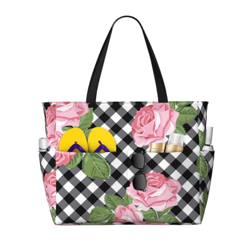 Grand sac de plage fourre-tout femme imprimé roses noires blanches à bandoulière