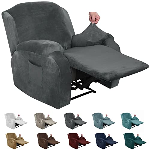 XINEAGE 4 Pieces Velvet Recliner Slipcover Stretch Recliner Chair Cover with Side Pocket Anti-Slip Fitted Recliner Cover Couch Furniture Protector with Elastic Bottom (Recliner