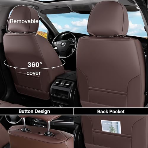Image of Coverado Car Seat Covers Full Set, 5 Piece Car Seat Protector with Lumbar Support & Removable Headrest, Breathable Leather Front Rear Seat Cushion Universal Fit for Truck Automotive Brown