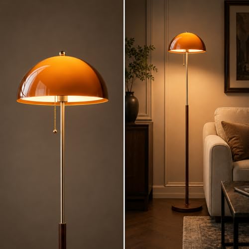 Lampadaire américain en bois de 153 cm et fer avec abat-jour acrylique ambré