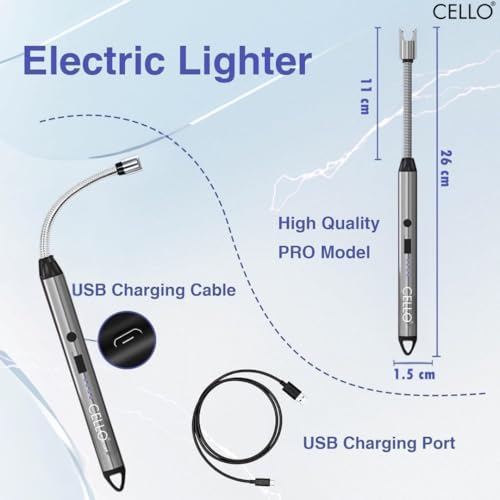 Image of Cello Rechargeable Electric Gas Lighter for Cooking Gas Stove, Kitchen, Pooja Candles & Diyas | USB Charging, Windproof, 360 Flexible Lighter - (Silver)