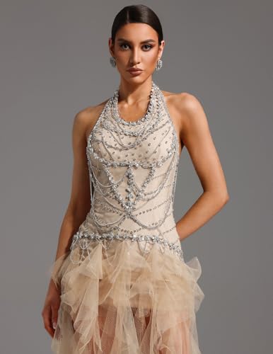 BELLA BARNETT Beige V Neck Sequin Tassel Halter Mesh Dress Rhinestone Maxi Backless Sparkle Prom Dress4