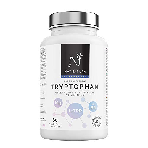 TRIPTÓFANO + Magnesio + Melatonina + Vitamina B6. Suplemento alimenticio a base de L-Triptófano concentrado (600mg) para regular el sueño, estado de ánimo y ansiedad. 60 cápsulas vegetales.