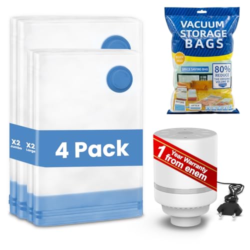 Image of enem Vacuum Storage Bags for Clothes Pack of 4 Bags (2 Large 100x80cm, 2 Small 80x24cm) | Space Saving Travel Vacuum Bags | Wardrobe Organizer & Clothes Storage Bags for Home, Travel