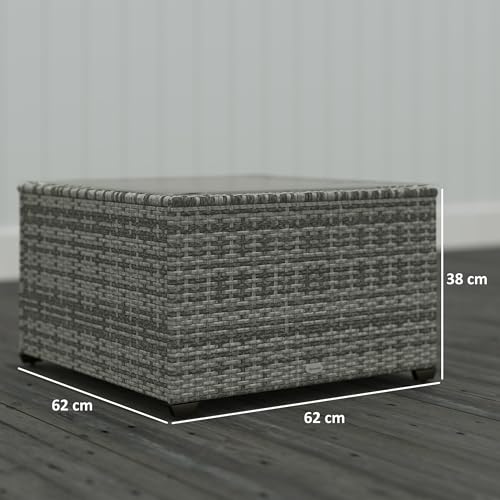 Outsunny Outdoor Coffee Table, PE Rattan Side Table with Tempered Glass Top, Wicker Square Garden Coffee Table End Table with Steel Frame for Patio, Balcony, 60 x 62 x 38cm, Light Grey 3 Outsunny Outdoor Coffee Table, PE Rattan Side Table with Tempered Glass Top, Wicker Square Garden Coffee Table End Table with Steel Frame for Patio, Balcony, 60 x 62 x 38cm, Light Grey - Image 3