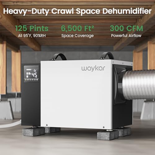 Image of Waykar 125 Pint Crawl Space Dehumidifier with Drain Hose for Basements, Commercial & Water Damage Spaces up to 6500 Sq. Ft., Compact, Strong Dehumidification, 5-Year Quality Coverage