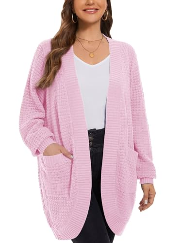 Image of LARACE Long Cardigans for Women Plus Size Tops Open Front Sweaters with Pockets Waffle Ribbed Sleeve Loose Fall Outwear
