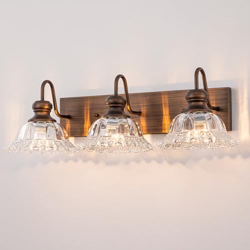 Image of EDISLIVE ORB 3-Light Vintage Vanity Light for Bathroom Bath Wall Light Fixture with Clear Flower Glass Shades 25 inch E26 Antique Wall Sconce for Bedroom Hallway Living Room Vanity Mirror