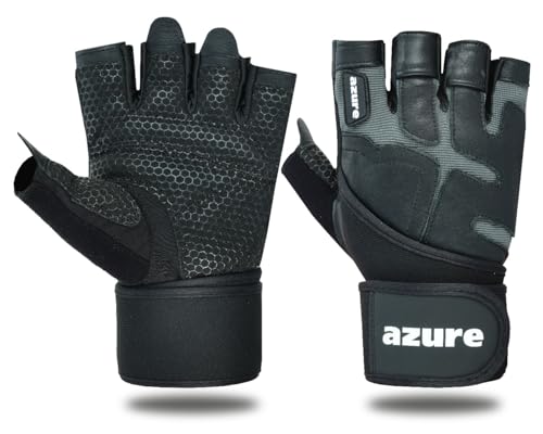 Image of Azure Leather Weight Lifting Gloves Black/Grey Men Gym Fitness Workout, Anti Slip Padded Full Palm Protection, Women Bodybuilding Strength Training Exercise, Half Finger Cycling Rowing Climbing Small