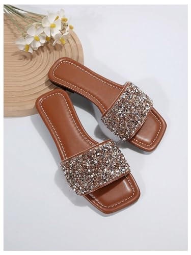 Image of GORGLITTER Women's Sparkly Jeweled Flat Sandals Dressy Open Toe Glitter Shiny Slippers Slip-on Shoes