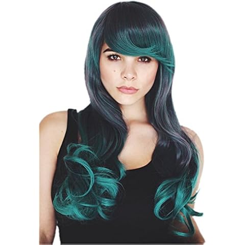 Prettyland Damen lang-Haare lange glatte gewellte Perücke Grau & Pfau-Grün 2-Farben Wig C913 Cover