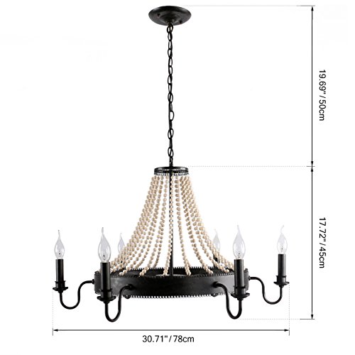 UNITARY Brand Black Metal and Wood Beads Farmhouse Candle Chandelier for Dining Room with 6 E12 Bulb Sockets, Industrial Hanging Lights, Kitchen Island Pendant Light Fixture - Image 5