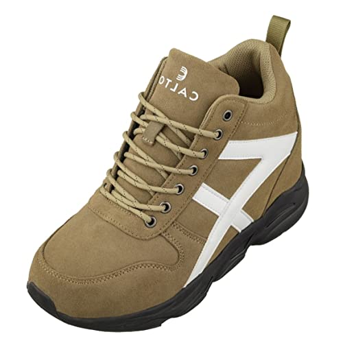 Image of CALTO Men's Invisible Height Increasing Elevator Shoes - Khaki /White Lace-up High-Top Hiking Style Sneaker Boots - 3.6 Inches Taller - S22782 - Size 7 D(M) US