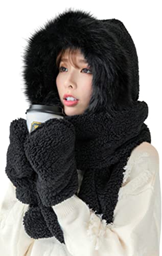 Women's Faux Fur Furry Hood Hat Scarf Gloves 3-in-1 Warm Plush Earflaps Hoodie Cap Fur Collar Winter Hat