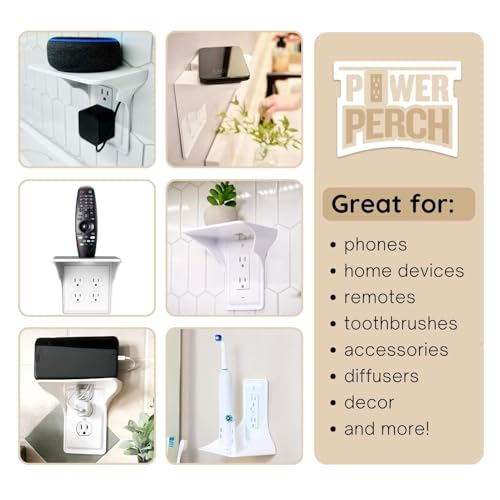 Power-Perch-Wall-Outlet-Shelf-Turn-Your-Outlet-into-a-Shelf-in-Any-Room-Great-for-Smart-Home-Devices-Cell-Phone-Remotes-Speakers-Alexa-Holder-Socket-Shelf-by-Storage-Theory-1-Pack-White