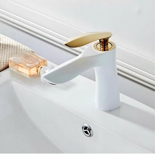 Image of AQUAKART Gold White Basin Mixer Tap Faucet with Connection Pipes Gold Colour (Golden Belle) (White-Gold)