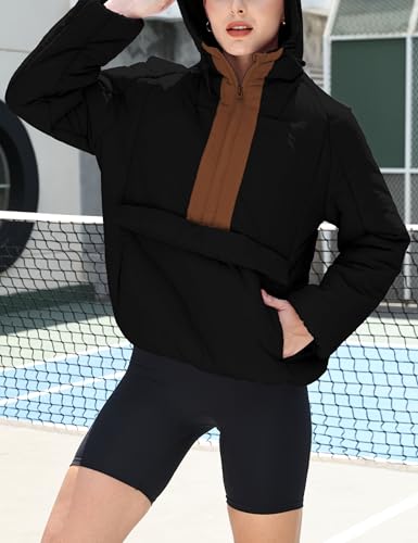 Ynhonra Women's Black Puffer Jacket: Cozy Crew Neck Pullover with Hooded Design and Half-Zip Convenience - Image 5