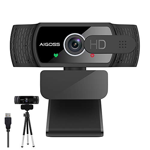 Aigoss Webcam avec Microphone,USB Caméra Web pour Chat Vidéo et Enregistrement,1080P Full HD Webcam PC avec Cache Webcam Et Trépied,Compatible avec Windows, Mac et Android