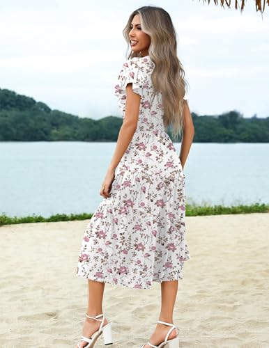 Image of Zeagoo Women's Summer Casual Dress Flutter Short Sleeve V Neck Button Down Tiered Flowy Long Dress with Pockets